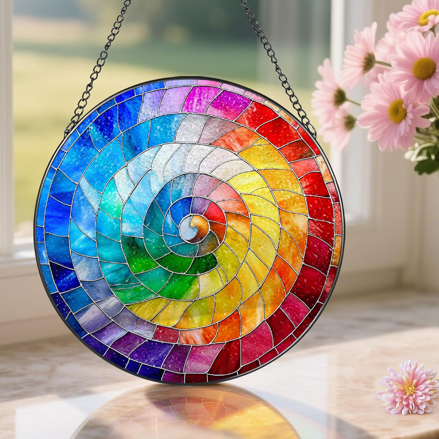 Stained Glass Window Hanging, 8 Inch Rainbow Spiral Stained Glass Suncatcher, Spiral Window Hanging