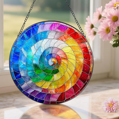 Stained Glass Window Hanging, 8 Inch Rainbow Spiral Stained Glass Suncatcher, Spiral Window Hanging