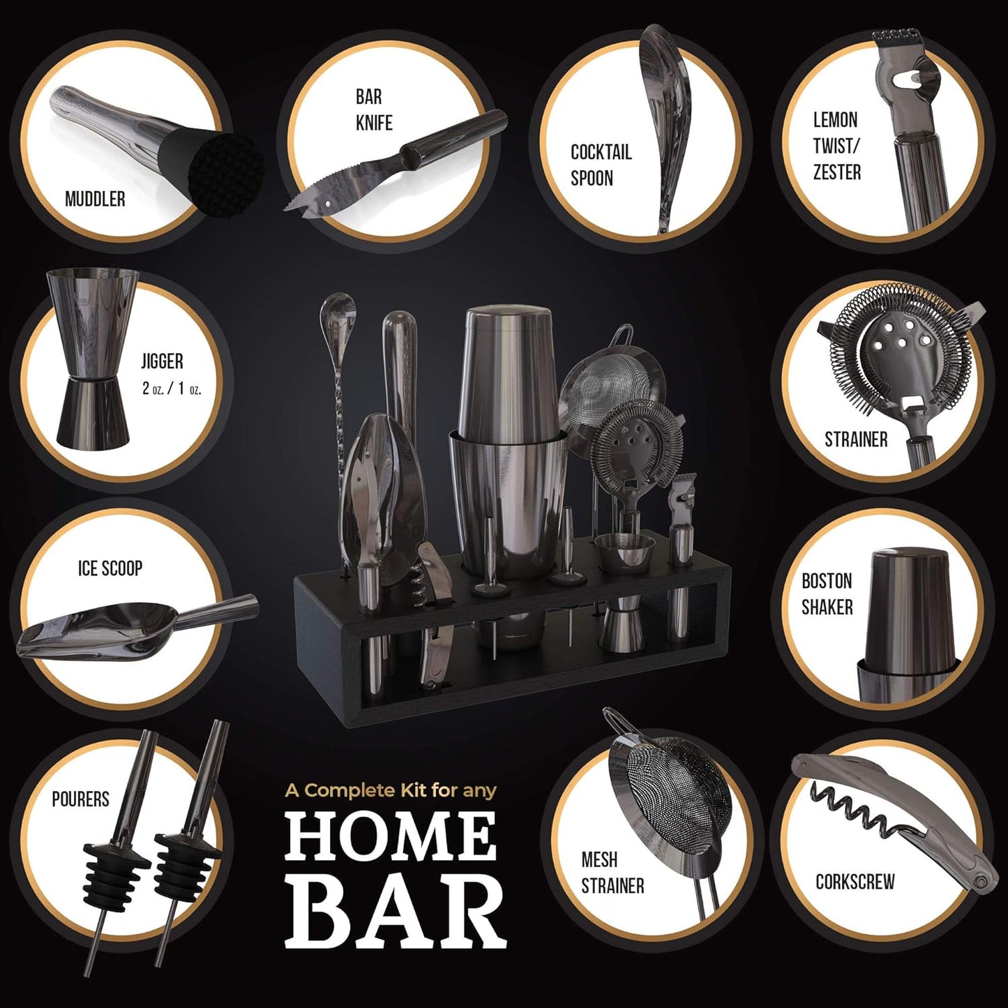 Highball & Chaser 13-Piece Gunmetal Black Stainless Steel Boston Cocktail Shaker Bar Tool Set with