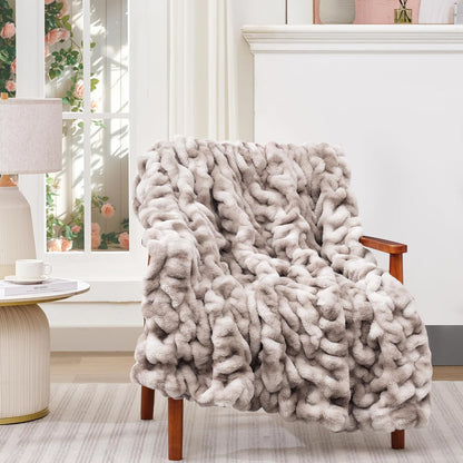 Touchat Ruched Faux Rabbit Fur Throw Blanket, 700 GSM Luxury Dual-Sided Soft Cozy Blanket, Fuzzy