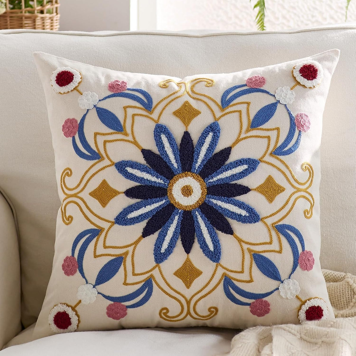 Embroidered Throw Pillow Cover 18x18 Classic Boho Floral Pattern Pillows Cover Outdoor Decorative