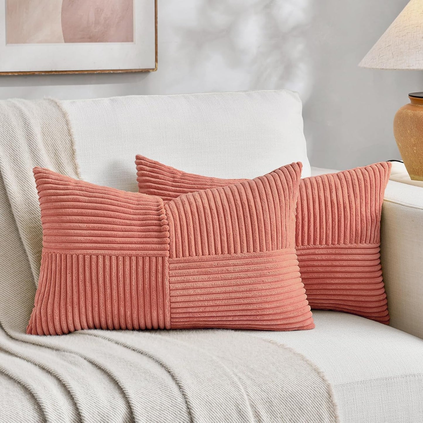 Fancy Homi 2 Packs Coral Lumbar Decorative Throw Pillow Covers 12x20 Inch for Living Room Couch