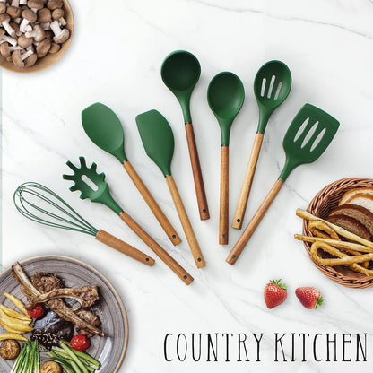 Country Kitchen Non Stick Silicone Utensil Set with Rounded Wood Handles for Cooking and Baking, 8