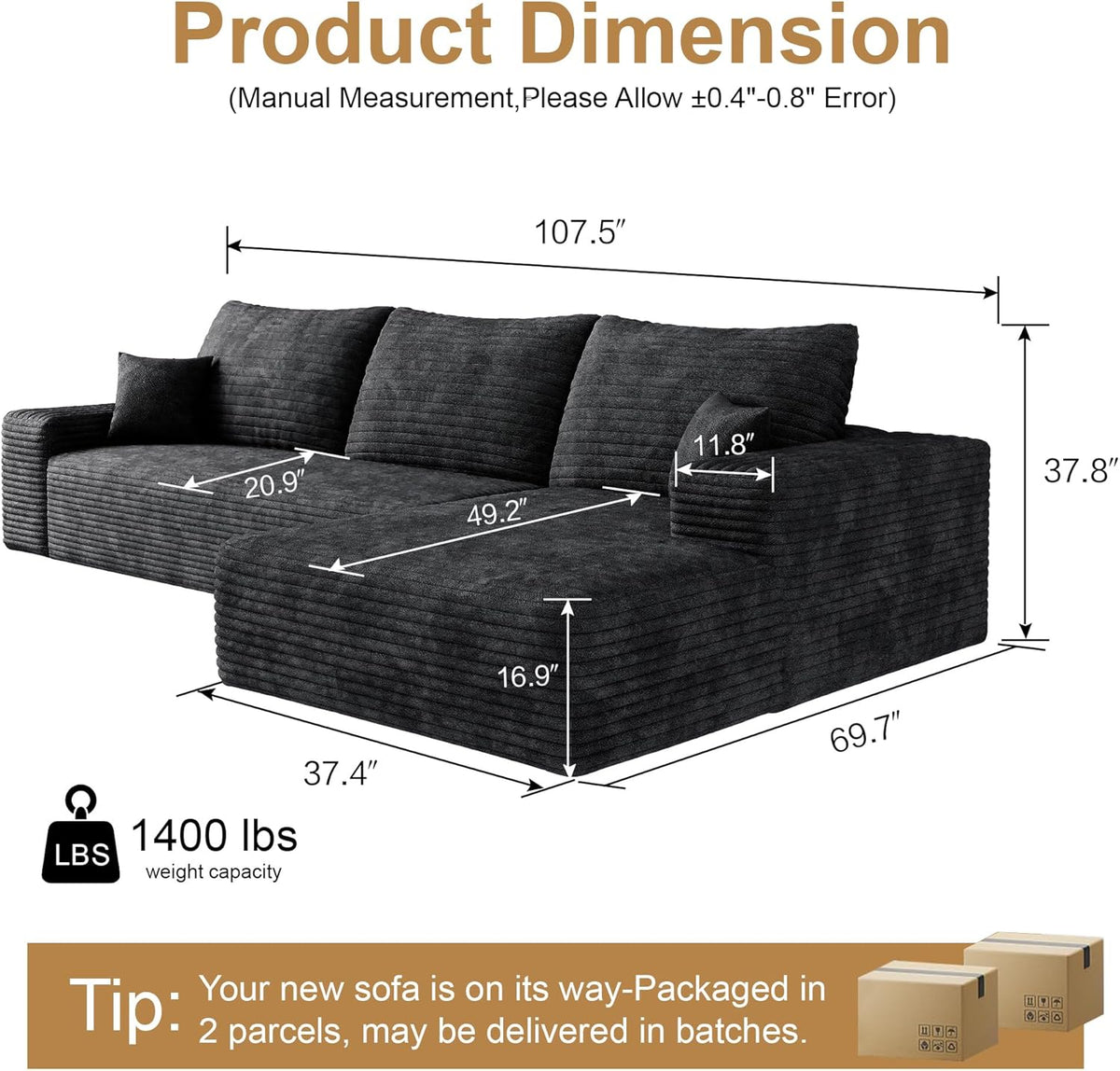 108" Sectional Couches for Living Room Modern Modular Sofa with L-Shape Couchs Upholstered Boneless
