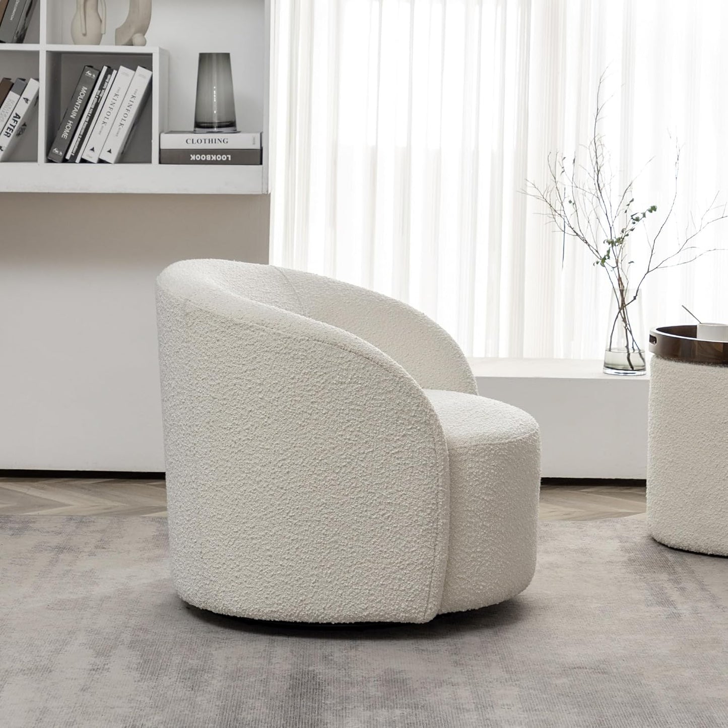KINWELL 34" W Mid Century Modern Swivel Barrel Chair, Round Upholstered Boucle Swivel Accent
