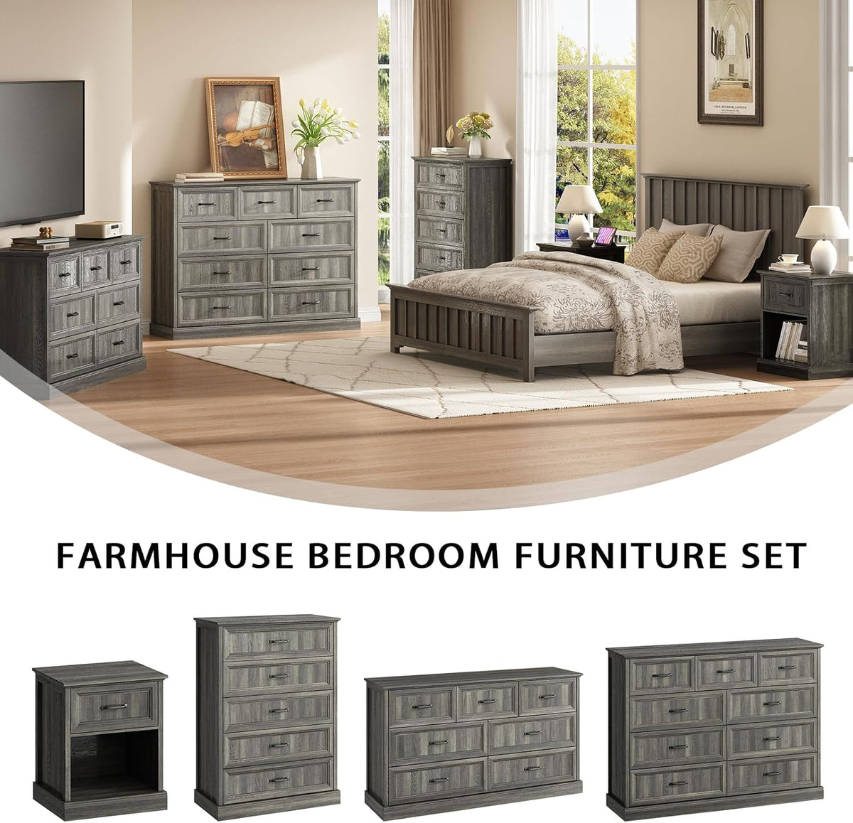 CARPETNAL Farmhouse 9 Drawer Dresser for Bedroom, 55 Inch Wide Modern Grey Dresser TV Stand with