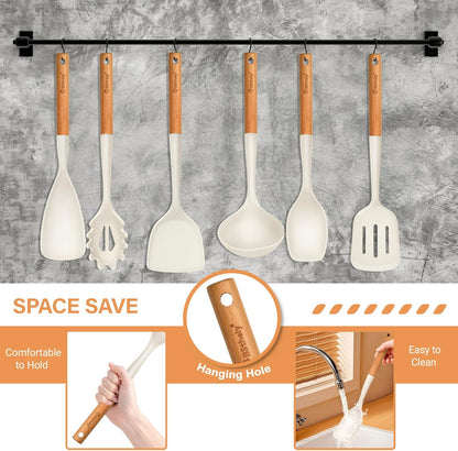 Silicone Cooking Utensils Set, 6 Pack Large Kitchen Utensils Set with Wooden Handle, Heat Resistant
