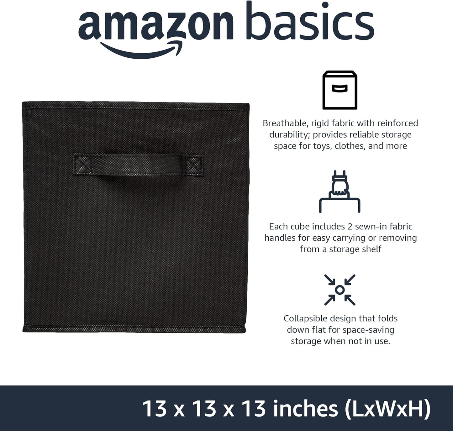 Amazon Basics Collapsible Fabric Storage Cube Bins Organizer with Handles, Sturdy, Black