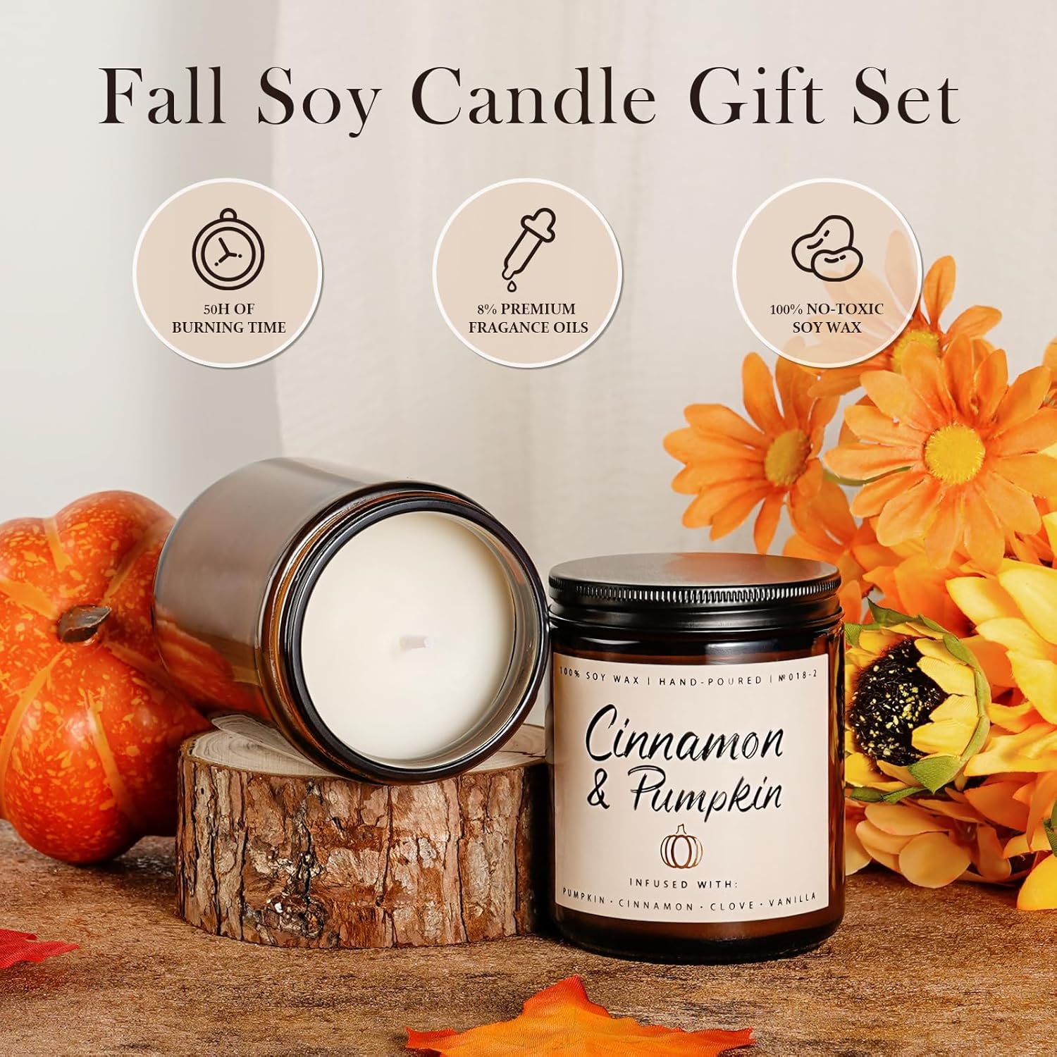 Cinnamon & Pumpkin Scented Candle – Fall Candles for Home Scented, Soy Candles for Home, 7 oz Cozy