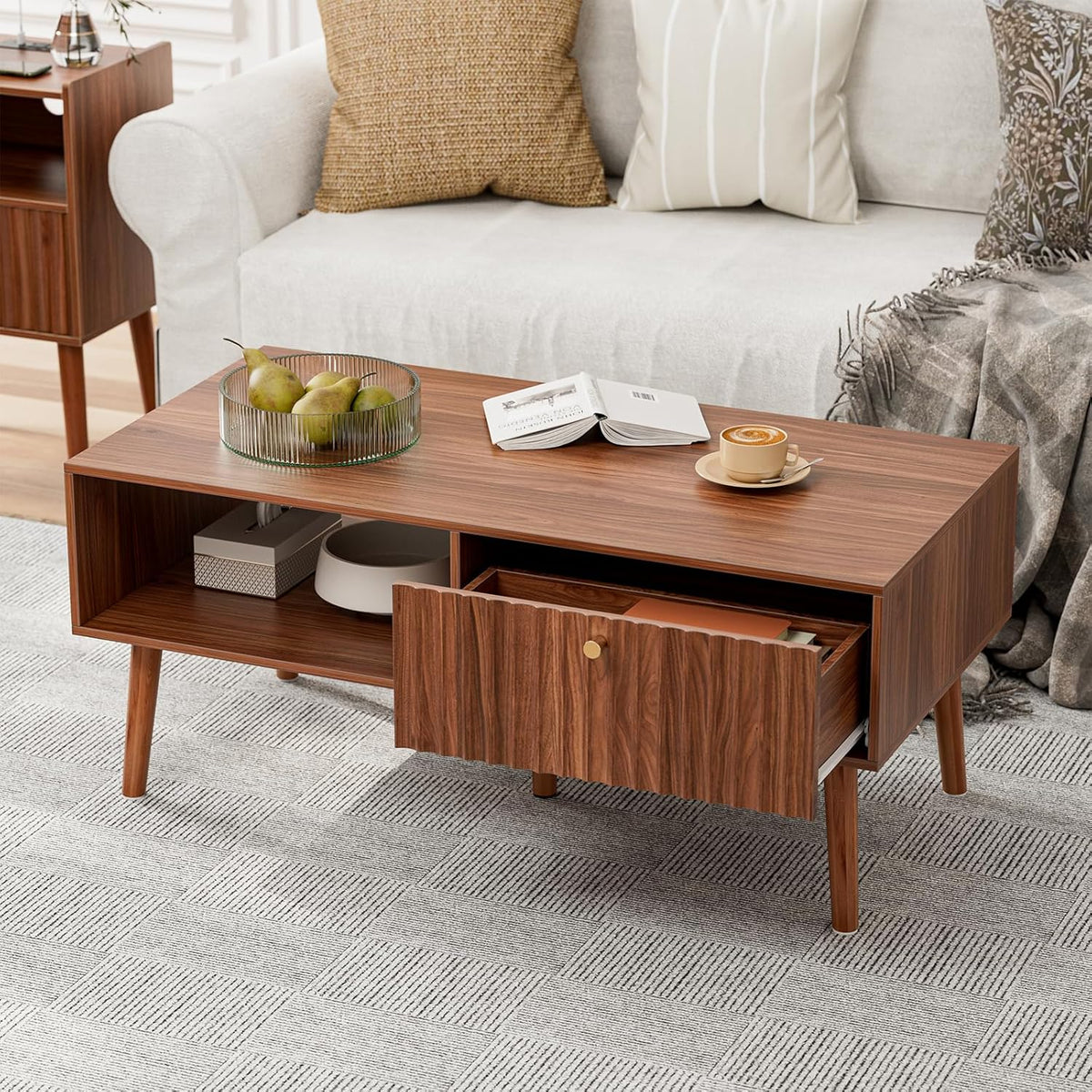 Coffee Table with Storage, Mid Century Dining Table with Fluted Drawer and Solid Wood Legs, Small