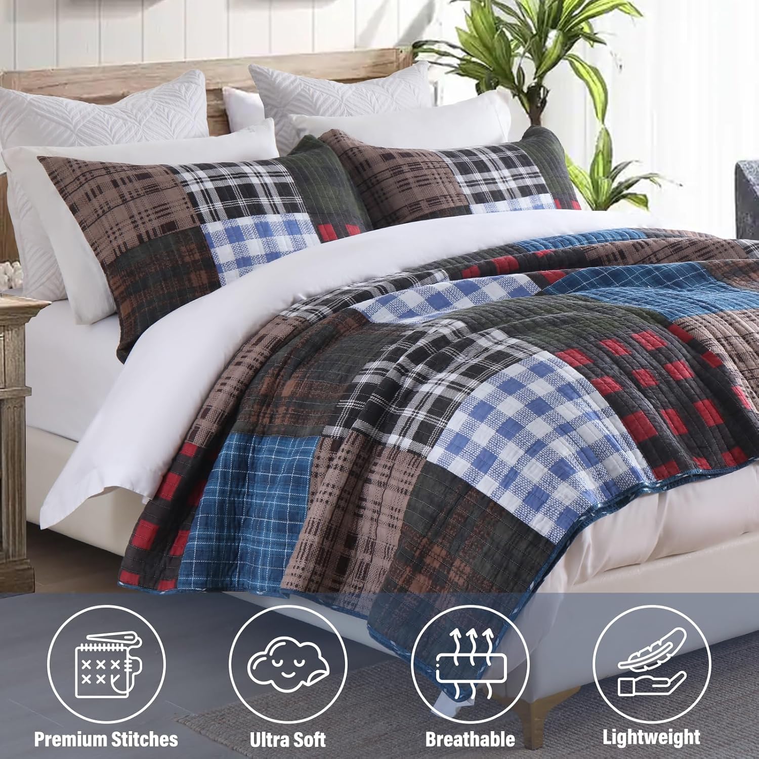 NEWLAKE Quilt Set Queen Size, Cotton Patchwork Blue Black Checkered Patterns Quilt Sets, Reversible