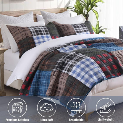 NEWLAKE Quilt Set Queen Size, Cotton Patchwork Blue Black Checkered Patterns Quilt Sets, Reversible