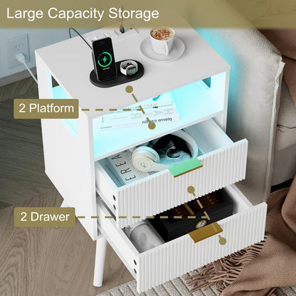 White Nightstand with Charging Station and LED Lights,Modern Bedside Table with 2 Storage Drawer