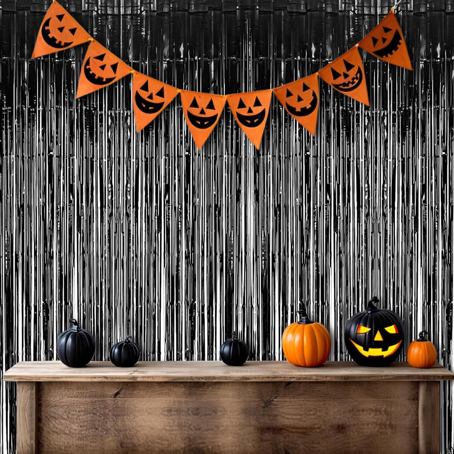 Foil Fringe Curtain Halloweens Party Decorations - Pure Black Tinsel Photo Backdrop Party Steamers