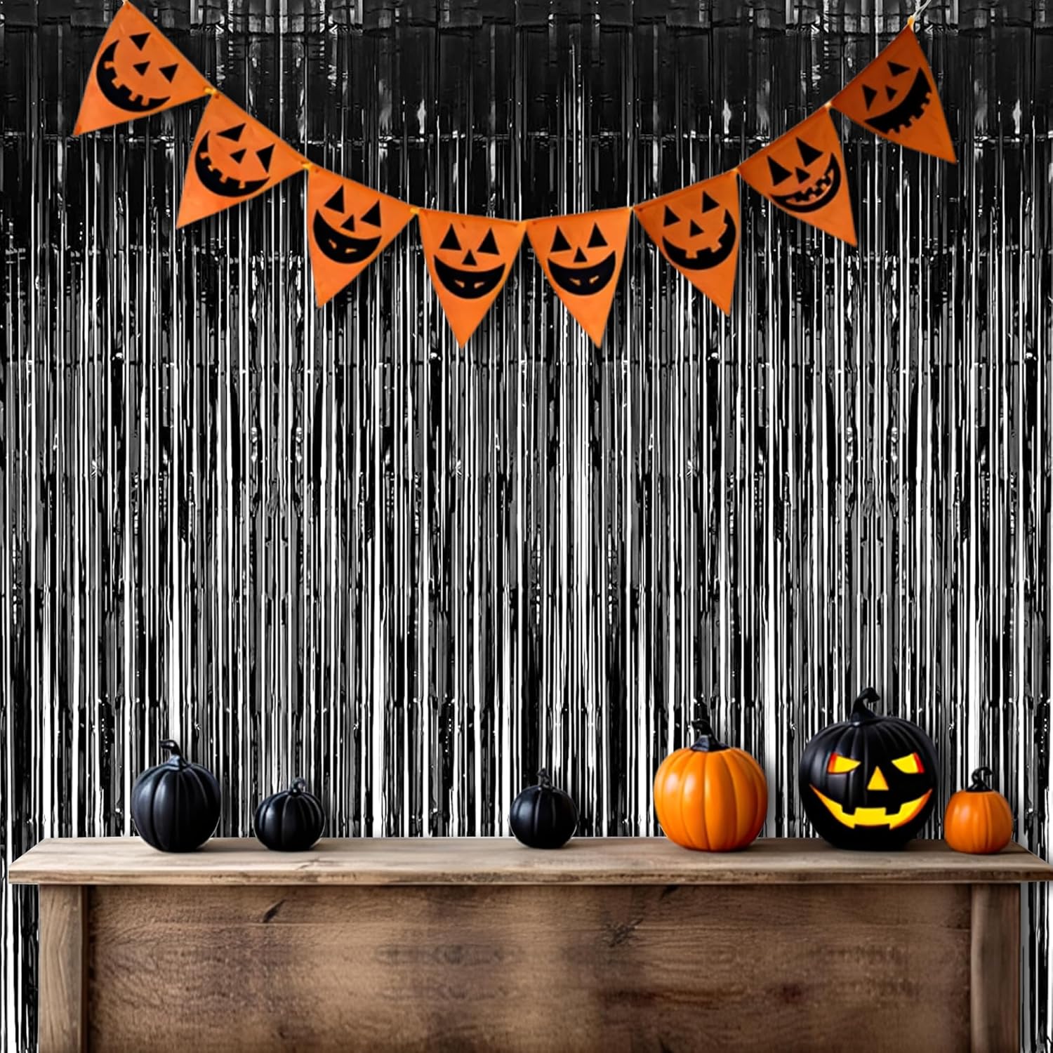 Foil Fringe Curtain Halloweens Party Decorations - Pure Black Tinsel Photo Backdrop Party Steamers