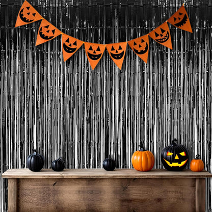 Foil Fringe Curtain Halloweens Party Decorations - Pure Black Tinsel Photo Backdrop Party Steamers