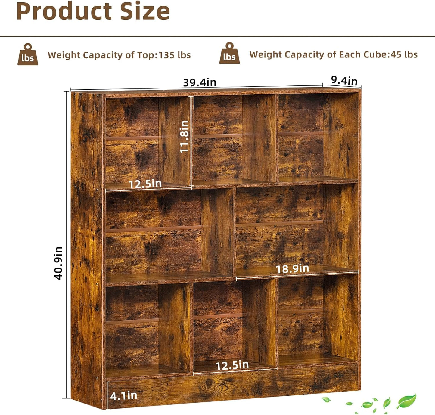 LEYAOYAO 8 Cube Bookshelf with Wood Base, Brown 3 Tier Mid-Century Modern Bookcase,Standing Wide