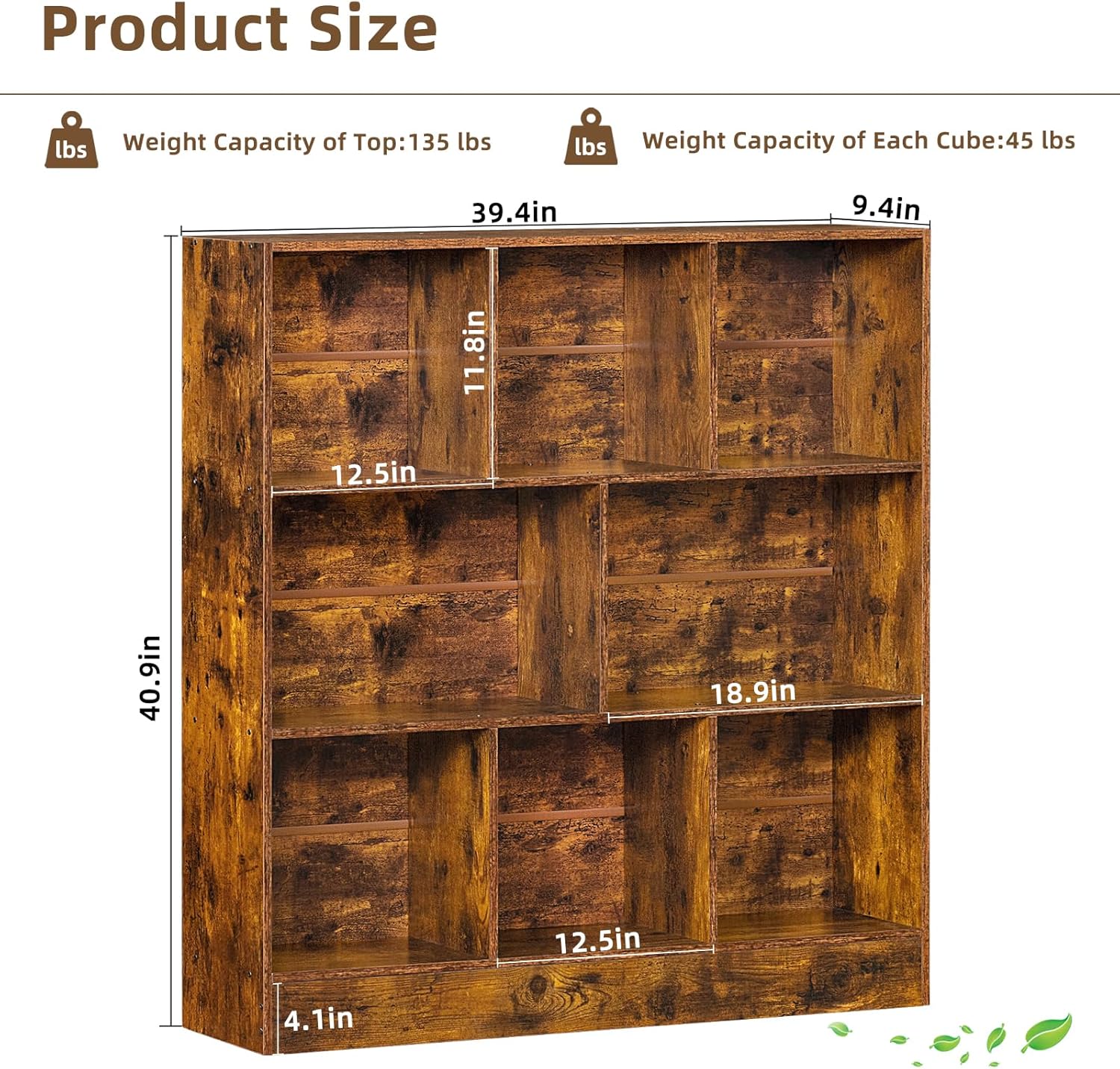 LEYAOYAO 8 Cube Bookshelf with Wood Base, Brown 3 Tier Mid-Century Modern Bookcase,Standing Wide