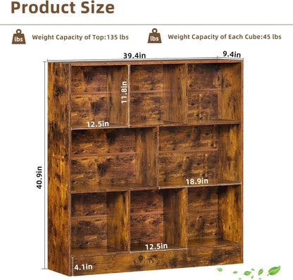 LEYAOYAO 8 Cube Bookshelf with Wood Base, Brown 3 Tier Mid-Century Modern Bookcase,Standing Wide