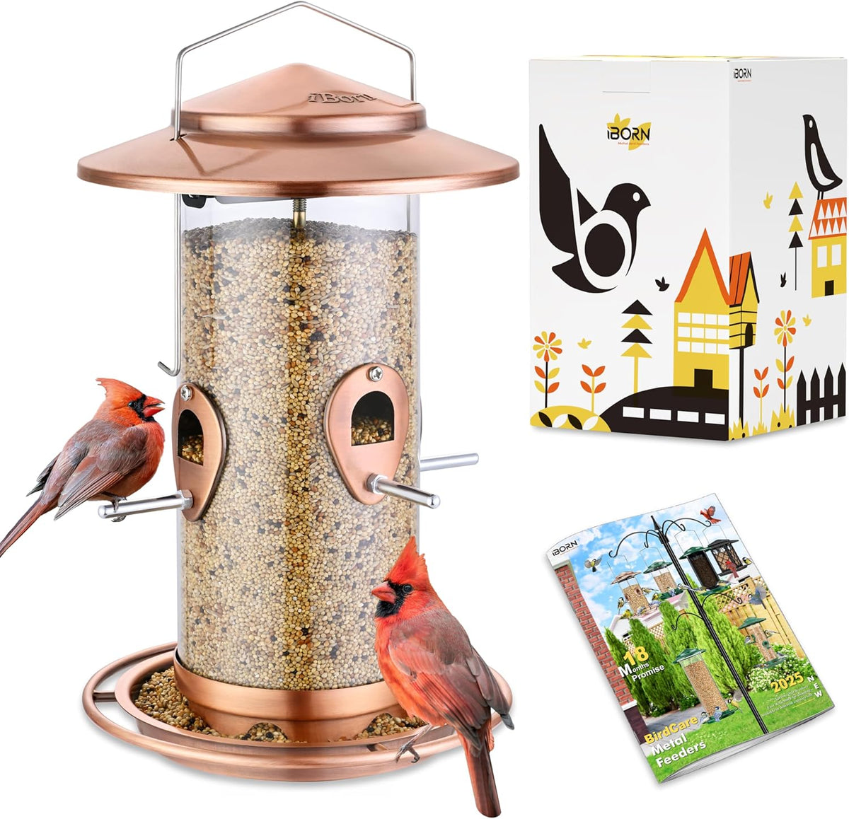 iBorn Metal Bird Feeder for Outside Hanging,Wild Bird Feeders for Cardinal,18cm Large Roof&Tray
