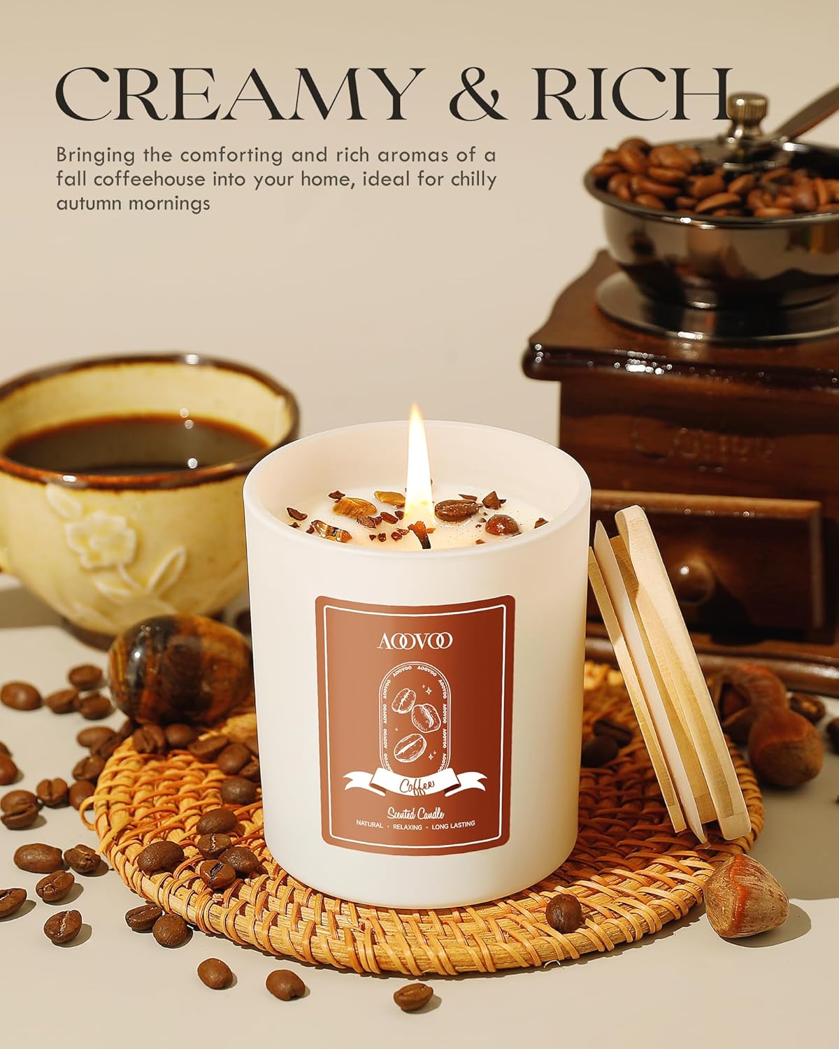 AOOVOO Macchiato Coffee Scented Candles for Women - Aromatherapy Candle with Crystals Inside, 10oz