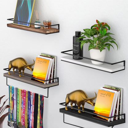 Meangood Floating Shelves Wall Mounted Set of 2, Wall Shelf with Towel Bar Rustic Wood Wall Storage