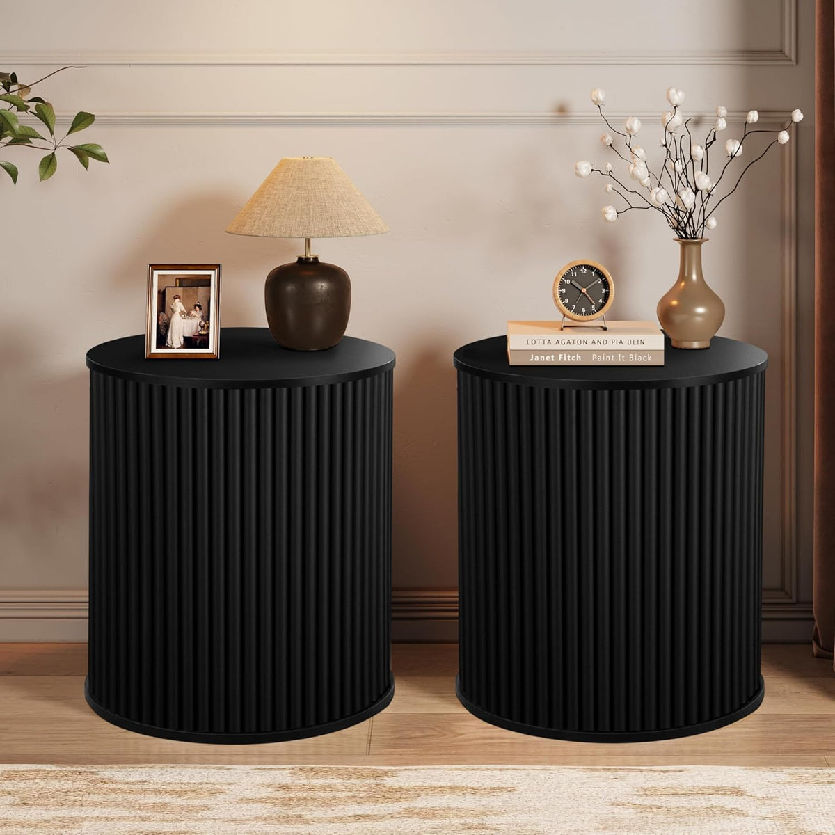 AVZEAR Small Round Side Table Fluted Night Stand Set of 2, Mid Century Modern End Table with