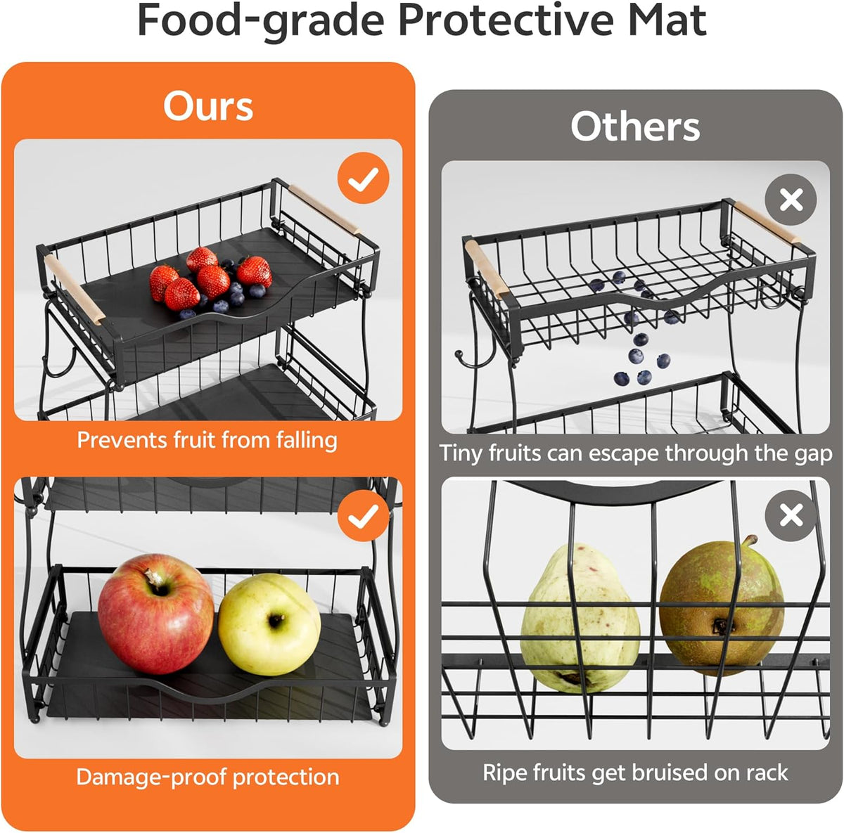 2 Tier Fruit Basket with 2 Banana Hangers, Fruit Bowl for Kitchen Countertop with 2 Wooden Handle