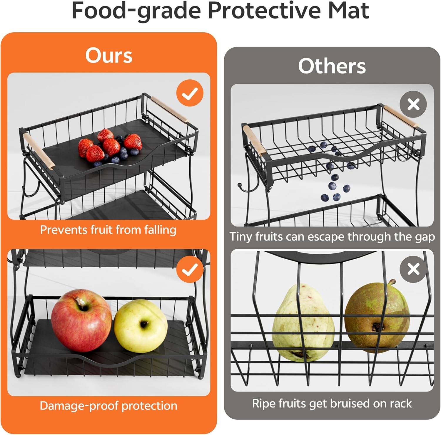 2 Tier Fruit Basket with 2 Banana Hangers, Fruit Bowl for Kitchen Countertop with 2 Wooden Handle