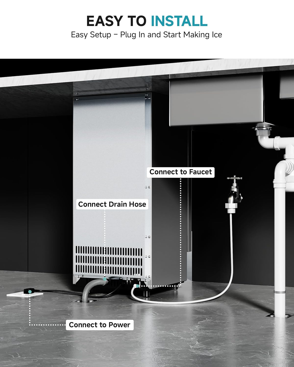EUHOMY Commercial Under Counter Nugget Ice Maker Machine, 70Lbs/Day, Bulit-in Freestanding Ice