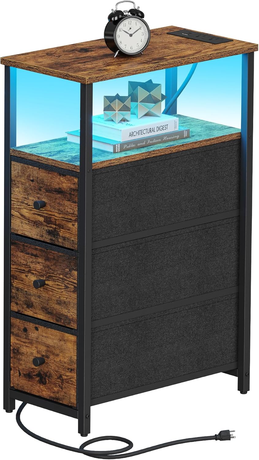 TUTOTAK Narrow LED Night Stand with Charging Station, Slim End Table with Plugins, Tall Side Table