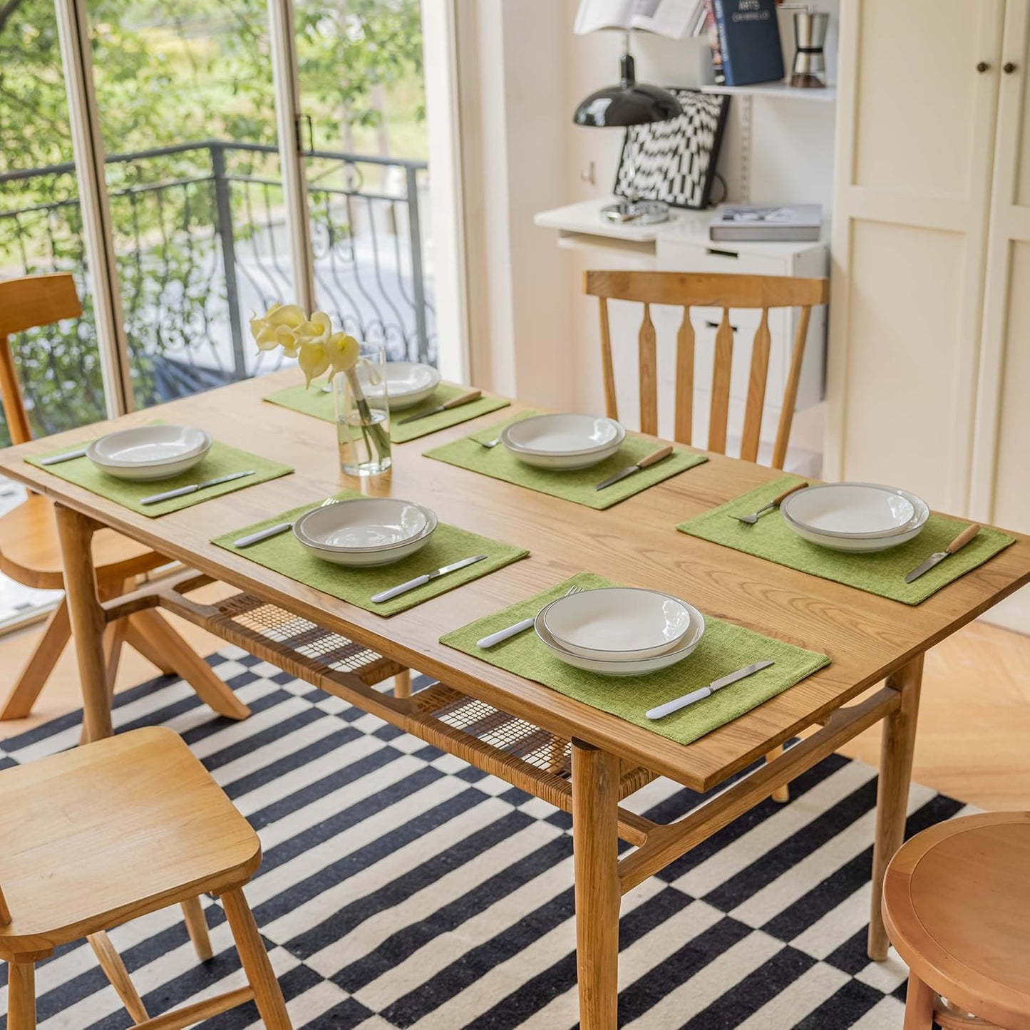 Demetex Table Placemats Set of 8 Olive Green Linen Place Mats Washable Fabric Plate Mats for Picnic