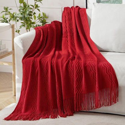 MIULEE Red Knitted Throw Blanket for Couch Boho Textured Cozy Woven Blanket with Tassels for Sofa