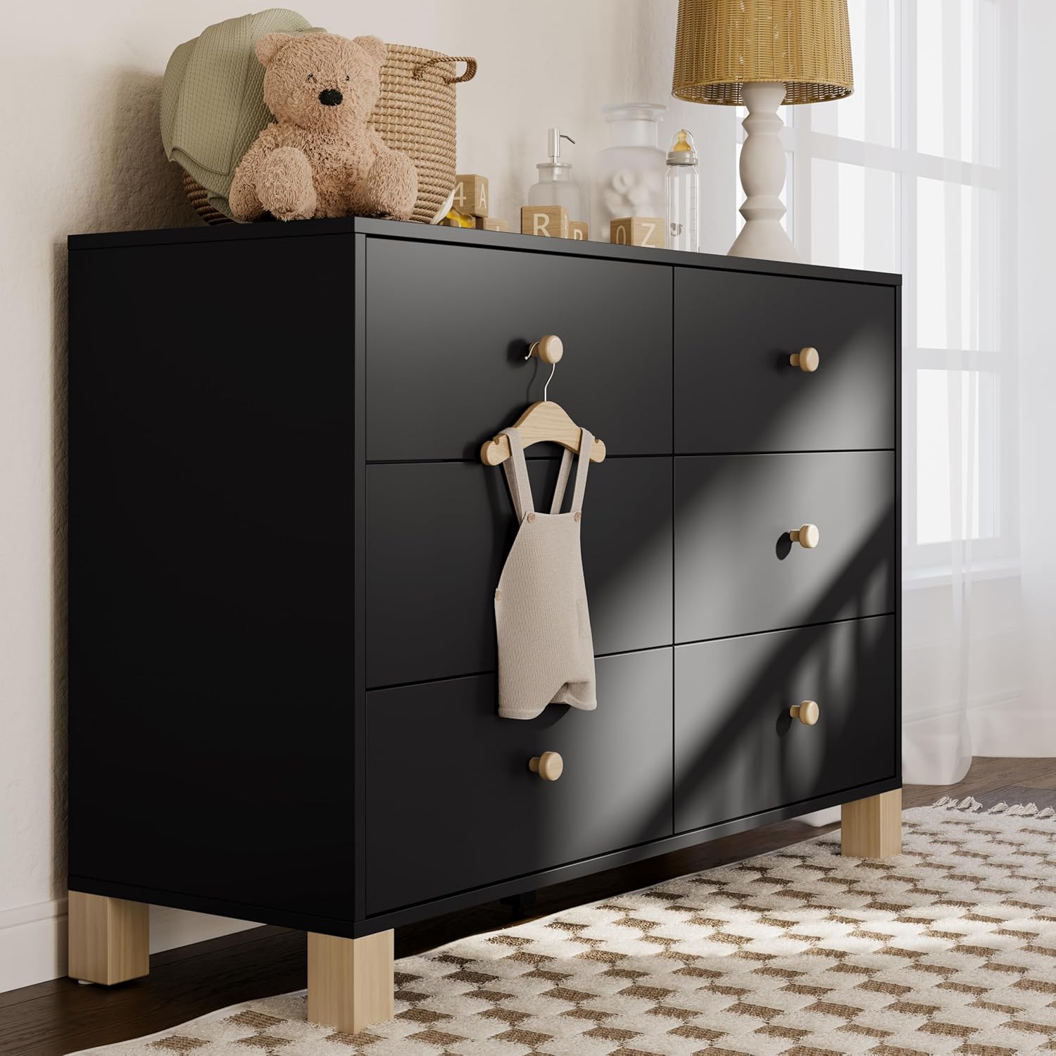 Storkcraft California 6-Drawer Double Dresser (Black with Driftwood) - GREENGUARD Gold Certified