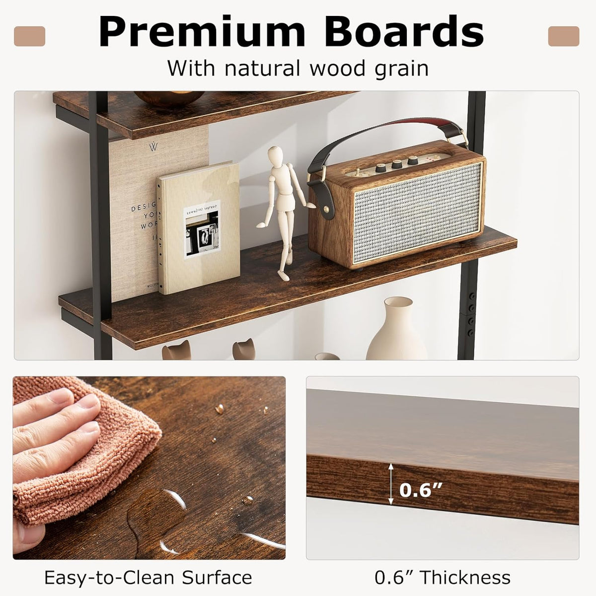 Giantex 4-Tier Industrial Bookshelf, Wall Mounted Pipe Shelving Unit, Floating Shelves with Metal