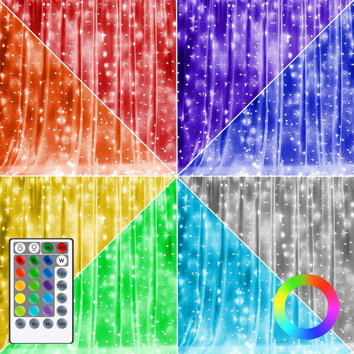 Dazzle Bright Window Curtain Fairy Lights, 300 LED RGB Color Changing Copper Fairy Lights with