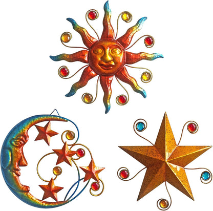 Limygus Metal Wall Art Sculpture, Set of 3 - Celestial Wall Decoration - Sun Moon Star Decorative