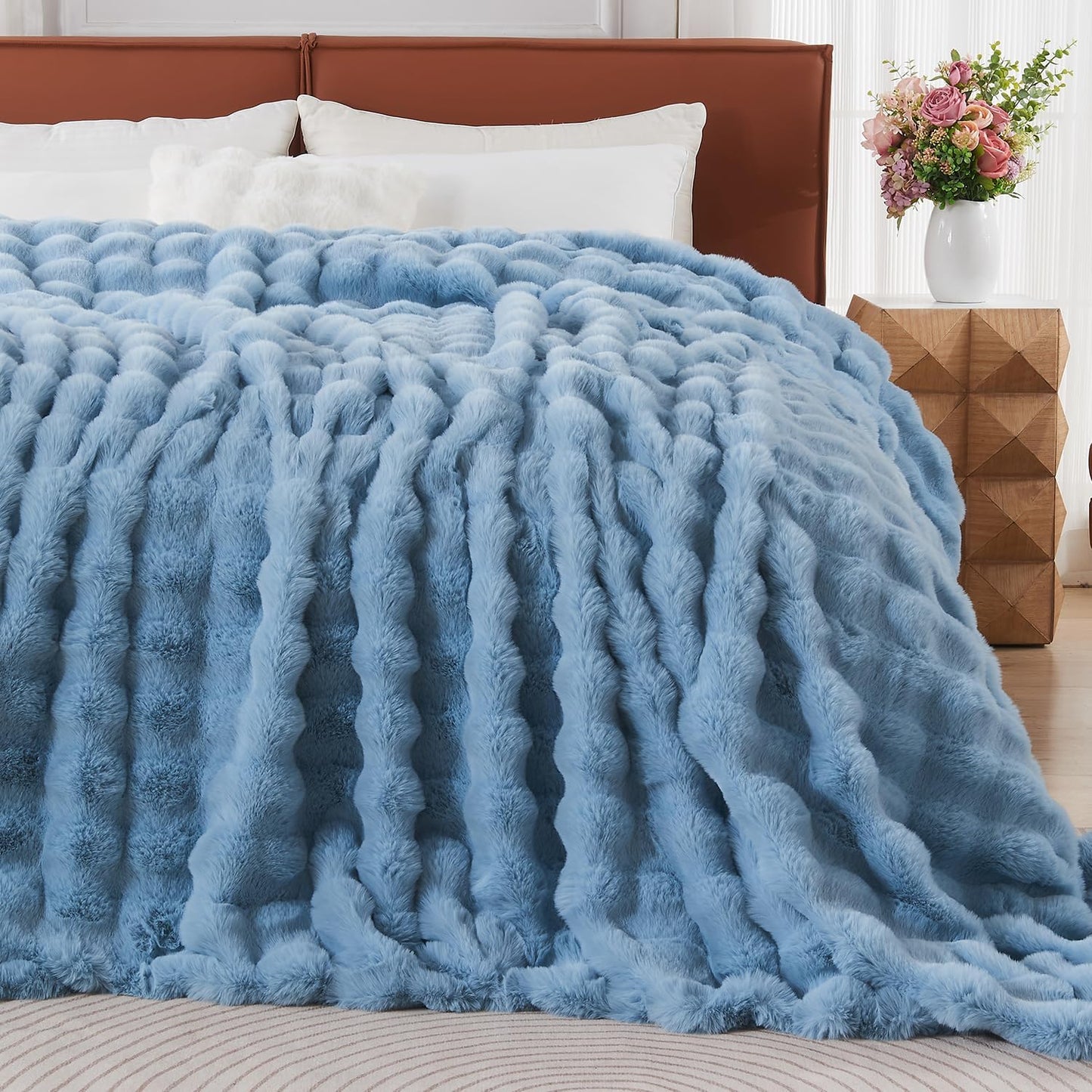 Lotus Karen Faux Fur Throw Blanket Sky Blue - Big Bubble Rabbit Fluff Blanket for Couch Bed