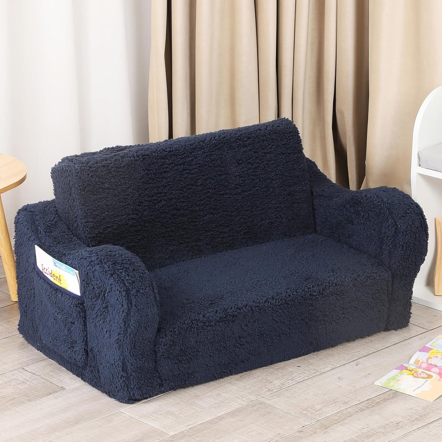 Kids Extra Wide Chairs for Toddler, 2-in-1 Toddler Soft Sherpa Couch Fold Out, Convertible Sofa to