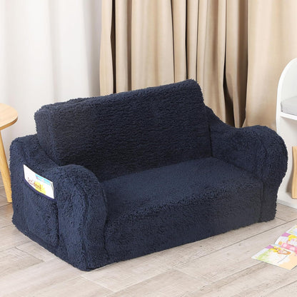 Kids Extra Wide Chairs for Toddler, 2-in-1 Toddler Soft Sherpa Couch Fold Out, Convertible Sofa to