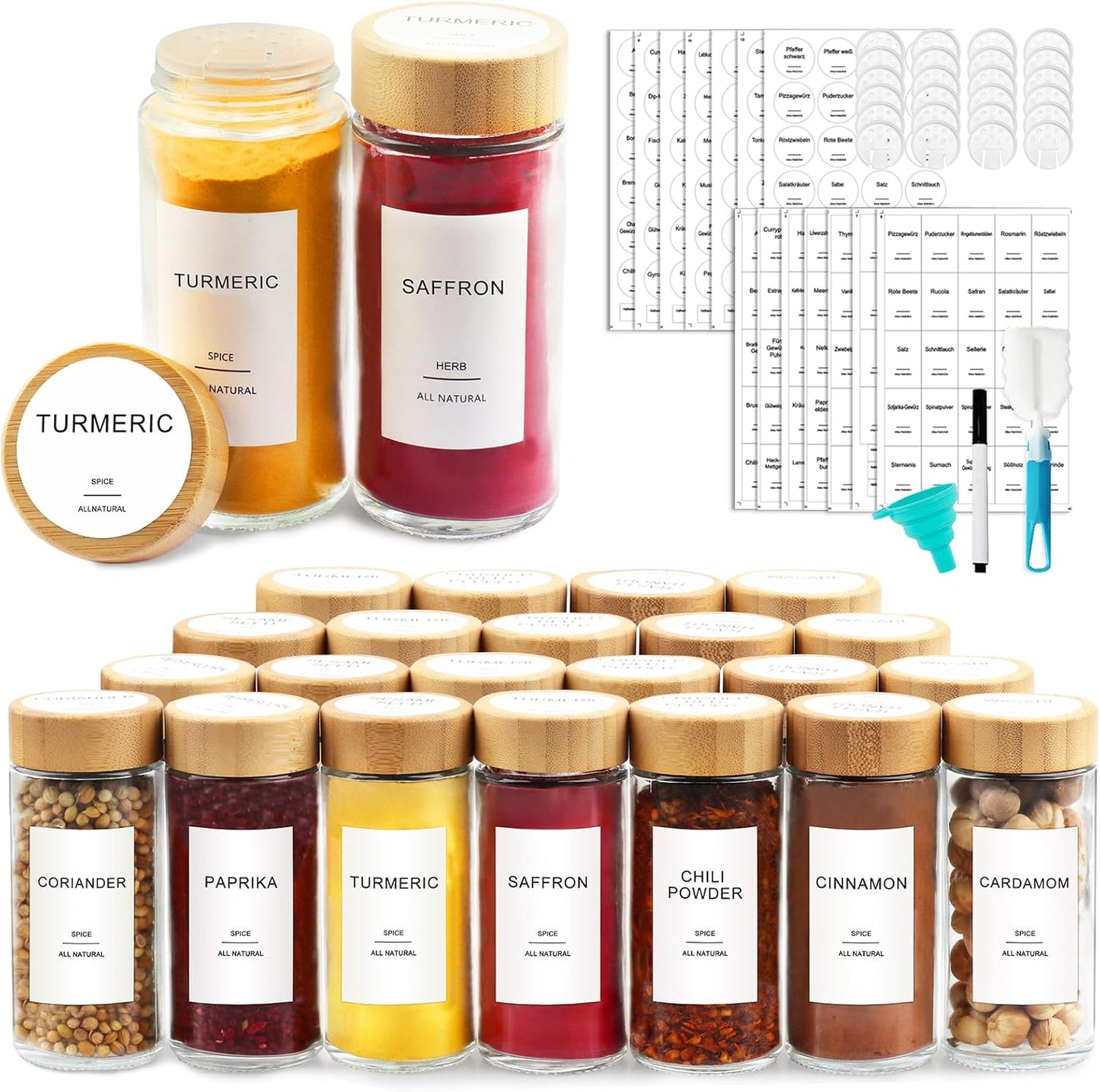 AISIPRIN Glass Spice Jars with 398 Labels-4oz 24 Pcs,Round Seasoning Jars with Bamboo Airtight