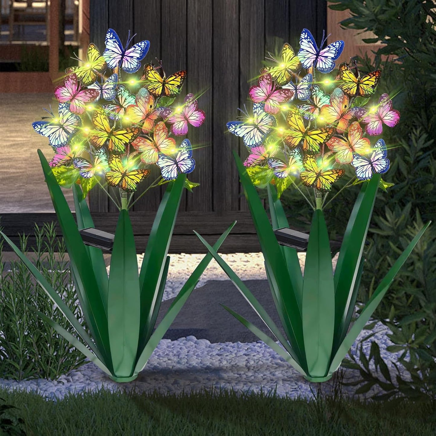 Homight Solar Metal Agave Butterfly Flower Stick Garden Sculpture - Outdoor Gift, Christmas Lights