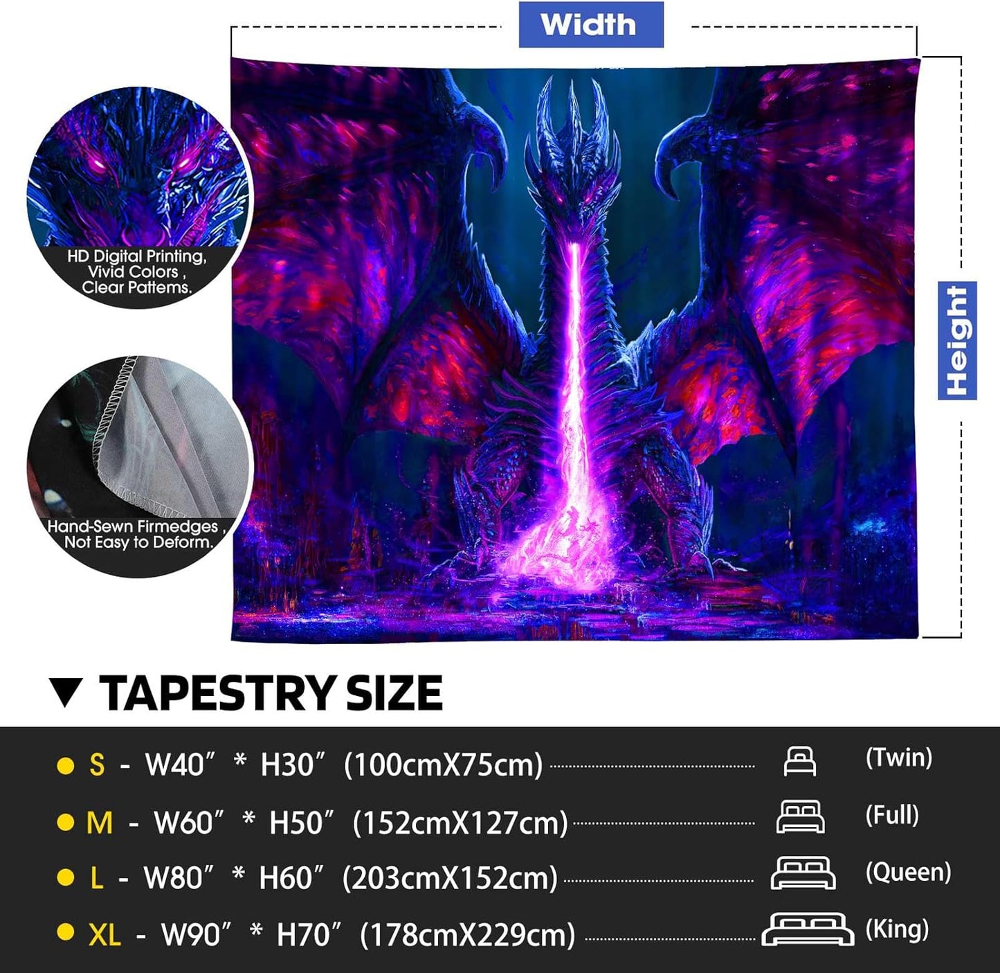ADDWel Blacklight Dragon Tapestry, Cool Evil-Dragon Tapestry Glow In The Dark, UV Reactive Black