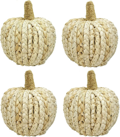 naturevibe 5.3 Inches Braided Cornhusk Pumpkin Decor Set of 4 as Centerpieces for Tables,Natural