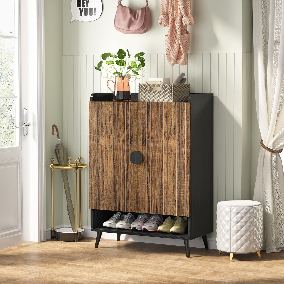 Tribesigns Shoe Cabinet with Doors, 7-Tier Shoe Storage Cabinet with Adjustable Shelves, Wooden