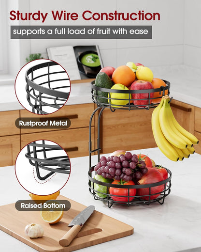 Fruit Basket for Kitchen Counter - 2-Tier Large Capacity Fruit Bowl with Detachable Banana Hanger