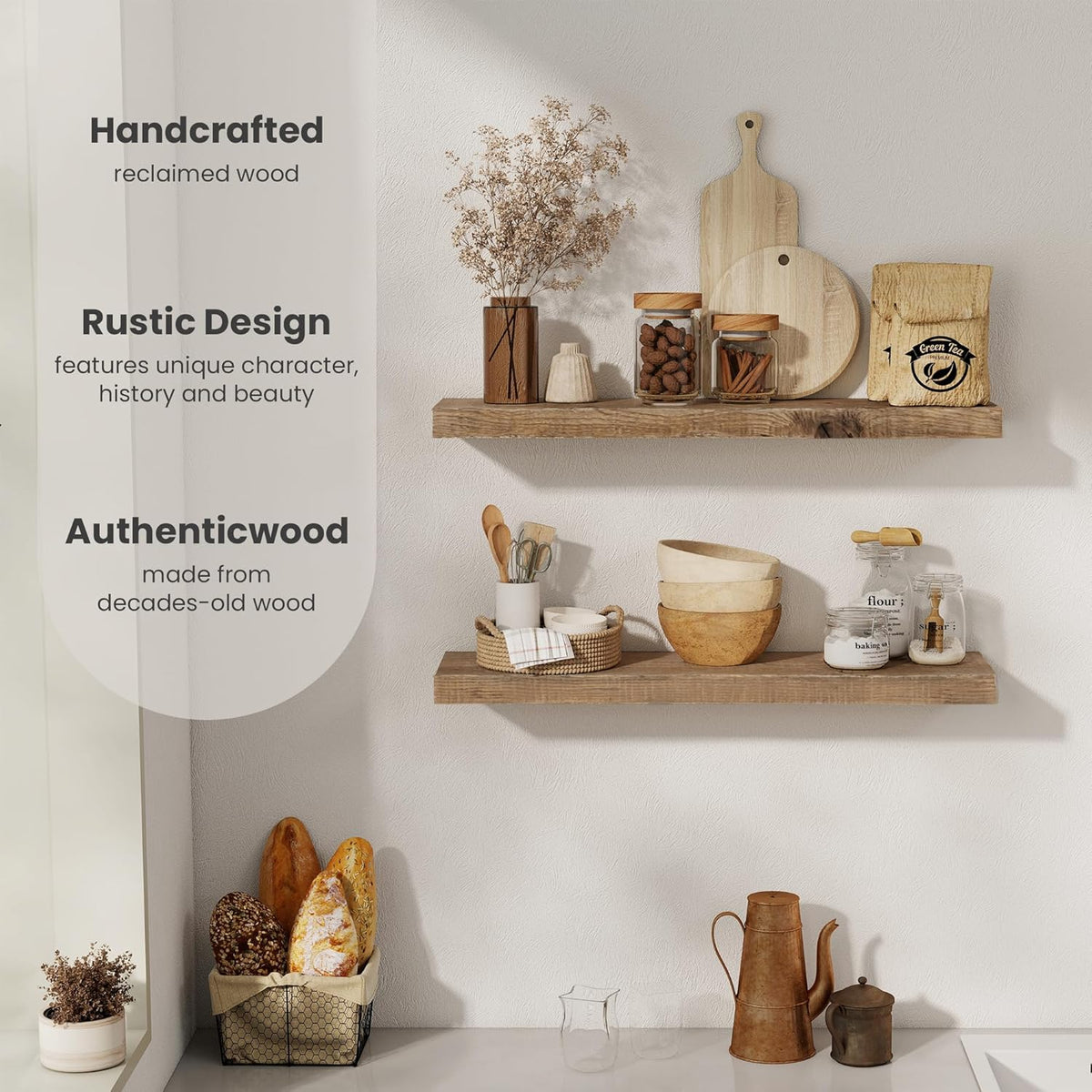 Floating Shelves, 8 Inch Deep Rustic Solid Reclaimed Wood Wall Shelves for Storage, Wall Mounted