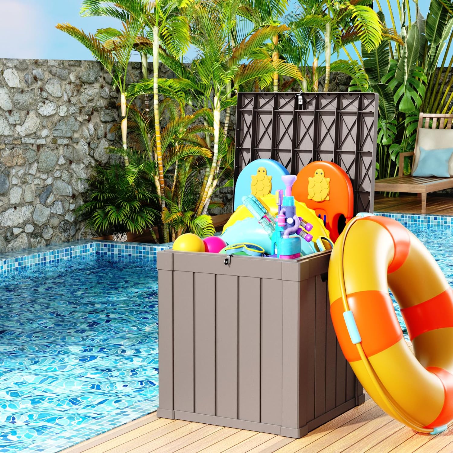 40 Gallon Resin Deck Box, Lockable Patio Outdoor Storage Box for Furniture, Garden Tools and Tools