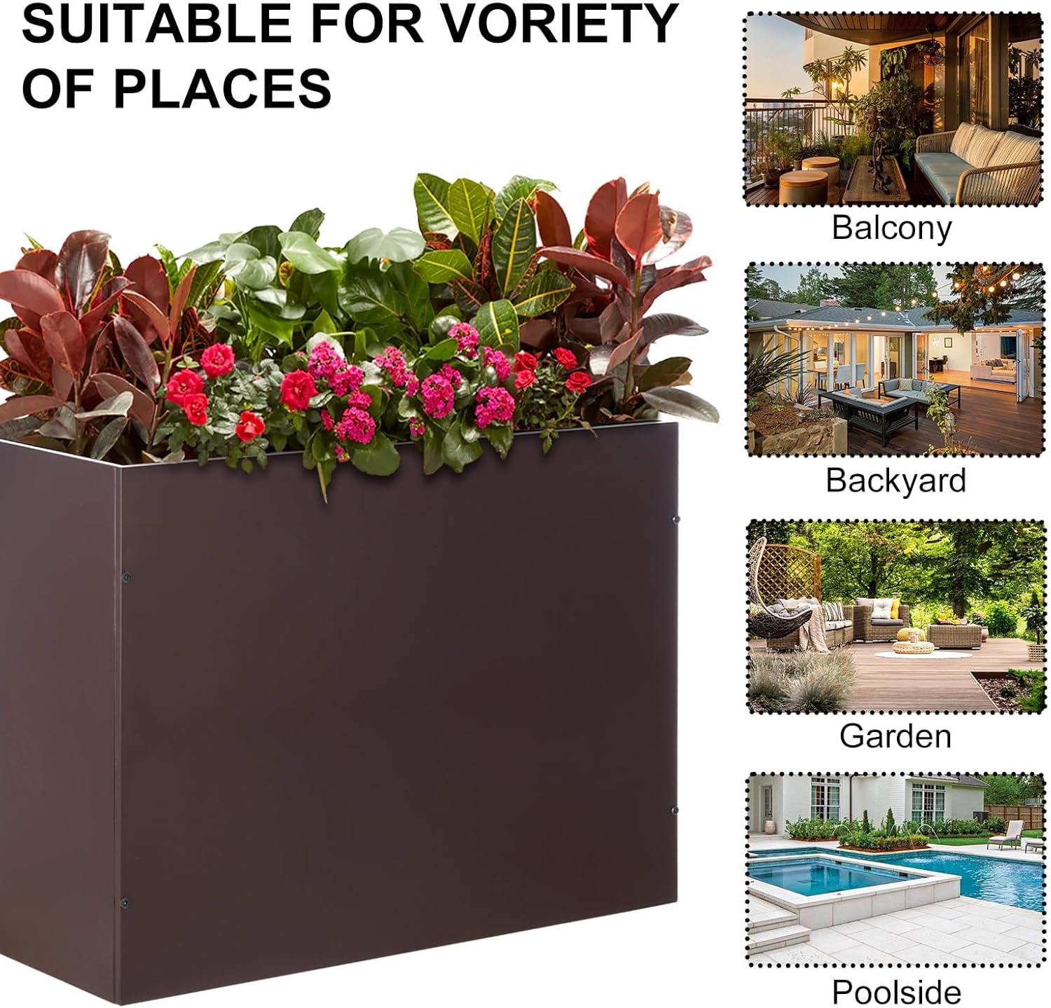 SUNNYPARK Large Metal Planter Box 32”x 12”x 24”, Rectangular Modern Brown Metal Planter Box Heavy
