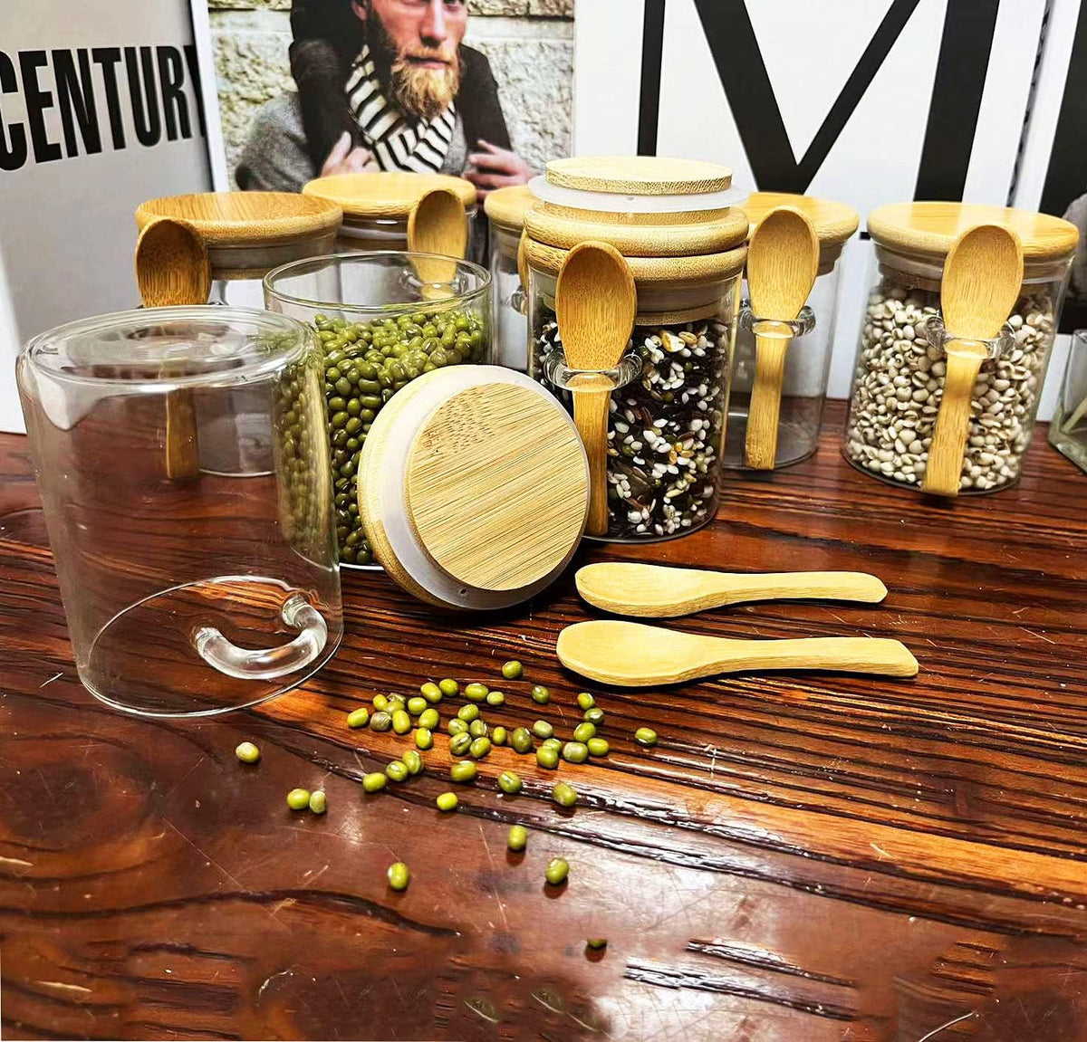 7.6 oz Airtight Mini Glass Jars with Bamboo Lids and Bamboo Spoons, Spice Jars Small Food Storage